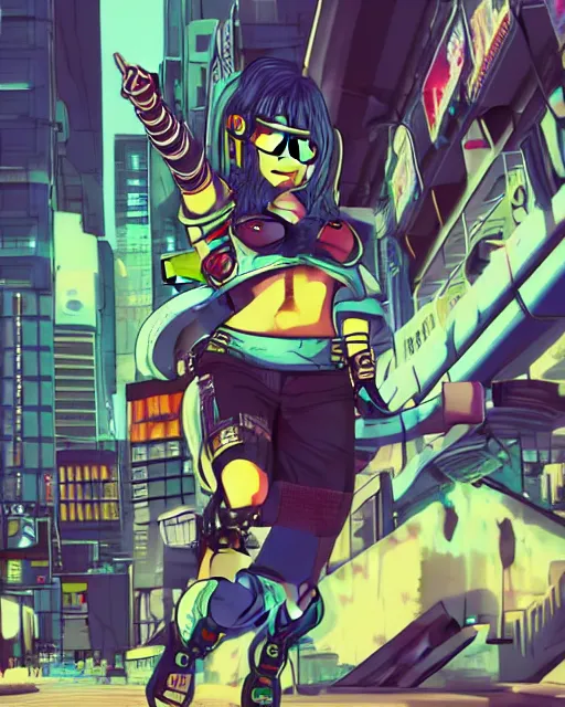 Image similar to cel shaded art of a pretty blue haired girl, jet grind radio graphics, cyberpunk city street background