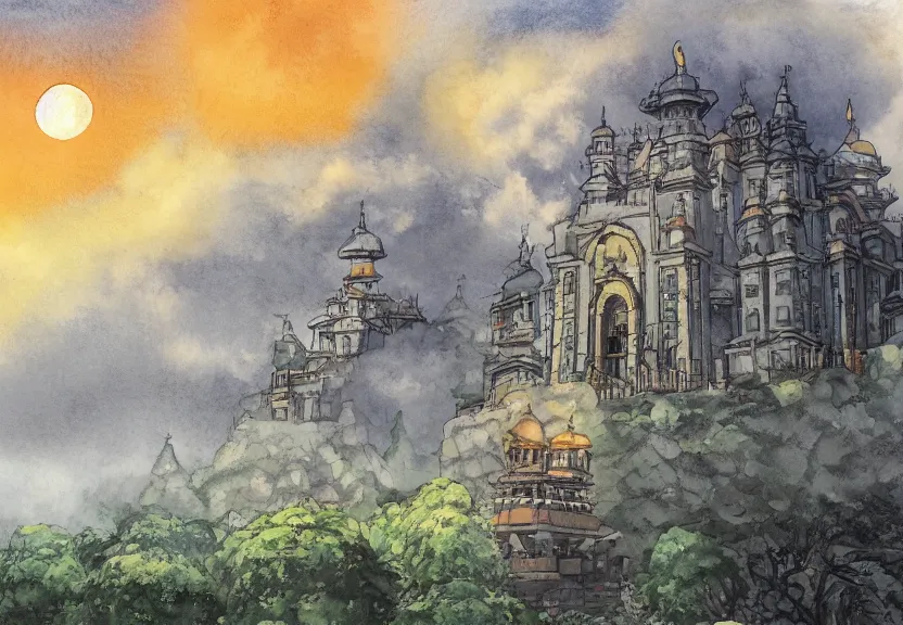 Prompt: a hyperrealist watercolor concept art from a studio ghibli film showing one giant grey griffon. a temple is under construction in the background in india on a misty and starry night. by studio ghibli. very dull muted colors