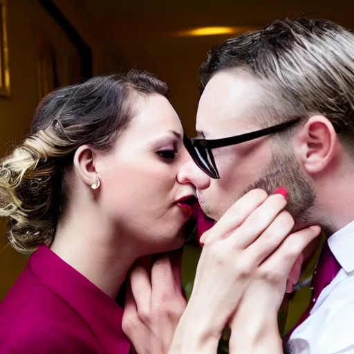 Image similar to two horribly deformed men in suits making out with two attractive blonde women dressed for a wedding party.