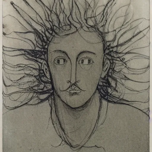 Prompt: A beautiful sculpture of a self-portrait of the artist. He is shown with his head turned to the left, looking at the viewer. His hair is wild and his eyes are wide open. His right hand is raised, as if he is pointing at something. by Warwick Goble, by Eric Carle somber, minimalist