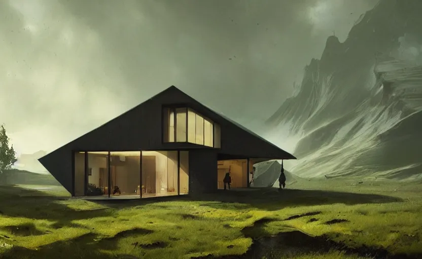 Prompt: An Exterior wide angle shot painting of a modern architecture house in the middle of a green icelandic valley, Greg Rutkowski and Craig Mullins, Cinematic and atmospheric lighting