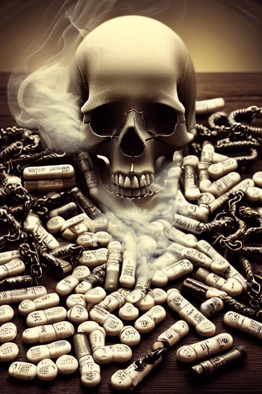 Image similar to beautifull and very tired womanlooking pile Off pills, drugs, cigarrette boxes and a skull on a wooden table, skull made out of smoke coming out of pills, fantasy, intricate, elegant, highly detailed, digital painting, artstation, concept art, addiction, chains, smooth, sharp focus, illustration, art by Ilja Repin