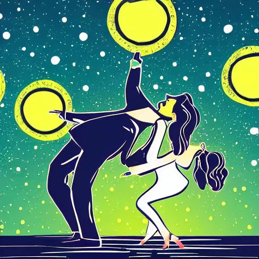 Image similar to a cute couple doing the bump on the dancefloor. freedom. being loose. pleasure. midnight. outdoors and indoors. varying angles. varying art styles. illustration.