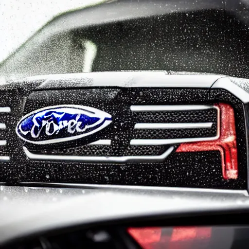 Image similar to a hyper realistic photo of the driver side of a ford raptor in a rainstorm