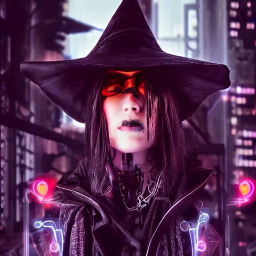 Prompt: cyberpunk witch photograph, realistic, 9 k