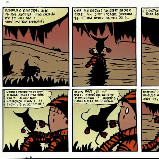Image similar to A Calvin and Hobbes comic strip panel about demons