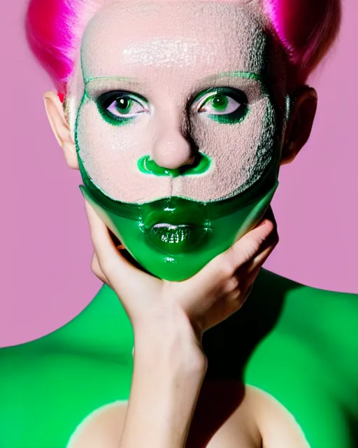 Image similar to symmetrical close - up portrait of a woman wearing a emerald green silicone beauty mask and pink hair buns, wearing a black bodysuit by alexander mcqueen, cream white background, biotechnology, bjork aesthetic, translucent, by rineke dijkstra, masterpiece,