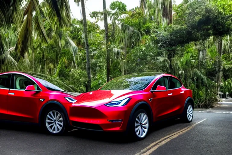 Image similar to Tesla model y on the road in a beautiful lush tropical city