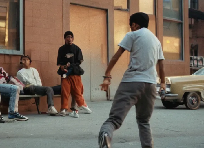 Prompt: First Official image from Cardboard, new drama film directed by Spike Jonze starring Tony Revolori as a Philadelphia b-boy in 1990 in the streets at dawn, shot on Kodak Vision 200T, stunning cinematography, light diffusion, film grain, 8k print.