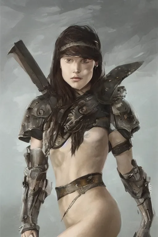 Image similar to a photorealistic painting of an attractive young girl, partially clothed in battle armor, olive skin, long dark hair, beautiful bone structure, symmetrical face, perfect eyes, intricate, elegant, digital painting, concept art, illustration, sharp focus, minimal artifacts, from Metal Gear, in the style of Ruan Jia and Mandy Jurgens, by Greg Rutkowski, trending on Artstation, award winning