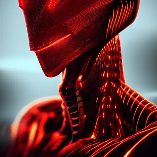 Prompt: sophisticated portrait of glowing, warm, sharp edges, sleek contours, textured, reddish, atmospheric, misty, leds, futuristic cybernetic warrior alien in profile, highly intricate, detailed humanoid, trending on artstation