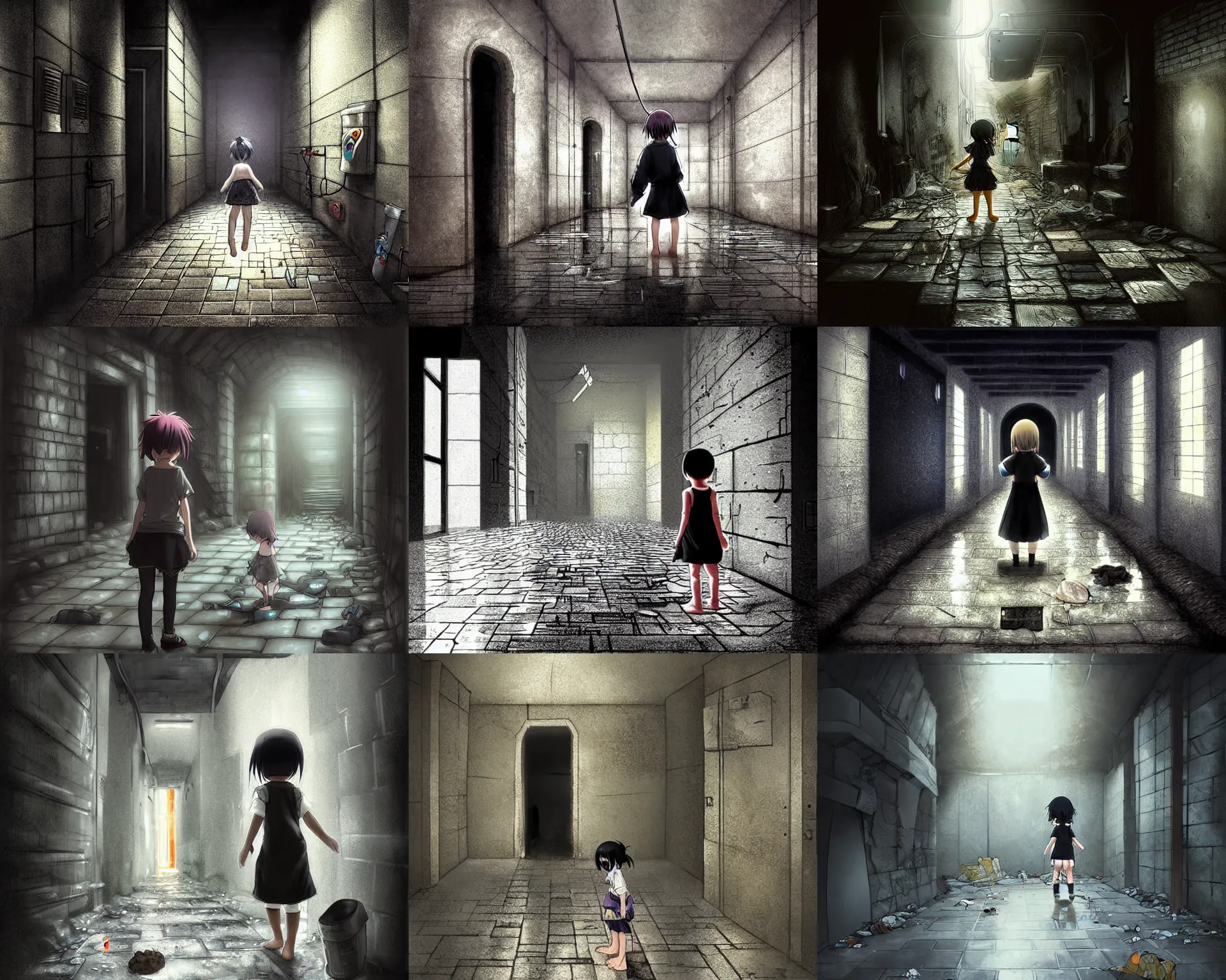 Prompt: digital art anime by wlop, a small girl with black hair, ragged white tunic, barefoot, explores a dark sewer dungeon, stone tile floor, many doorways, puddles, traps, garbage piles, behind shot, medium shot, highly detailed, full shading, dramatic lighting