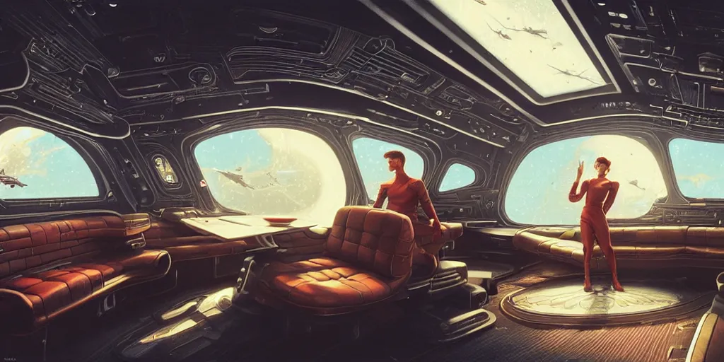 Prompt: highly detailed interior of a retro spaceship with large windows, stephen bliss, unreal engine, greg rutkowski, ilya kuvshinov, ross draws, hyung tae and frank frazetta, tom bagshaw, tom whalen, nicoletta ceccoli, mark ryden, earl norem, global illumination, god rays, detailed and intricate environment