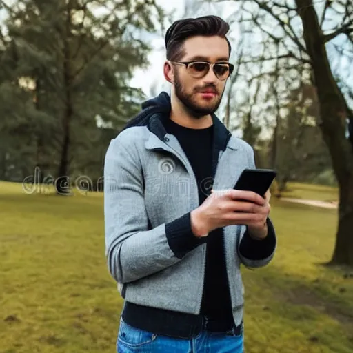 Prompt: 3 0 year old stylish man using smartphone outdoors in the park realistic image, 4 k 3 0 mm photography, stock image