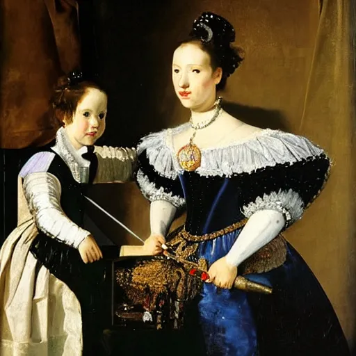 Prompt: velazquez painting the spanish royal family and their robotic maid, baroque style.