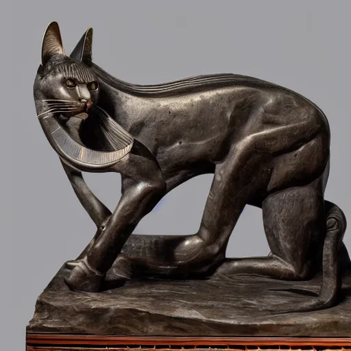 Prompt: sculpture of beautiful, athletic creature that is a half of the roman emperor augustus and a half of egyptian cat, sculpture of stanisław szukalski, emotionally touching, elegant, masterpiece