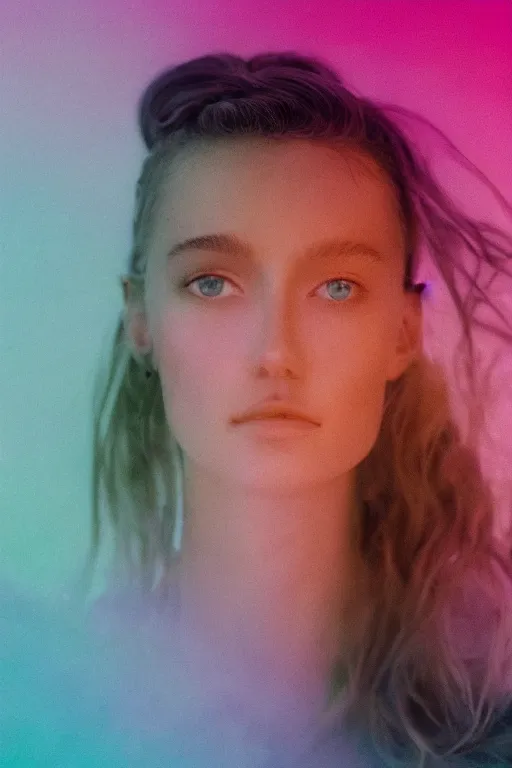 Image similar to high quality pastel coloured film close up wide angle photograph of a model wearing clothing resting on cloud furniture in a icelandic black rock environment in a partially haze filled dreamstate world. three point light, rainbow. photographic production. art directed. pastel colours. volumetric clouds. pastel gradient overlay. waves glitch artefacts. extreme facial clarity. 8 k. filmic.