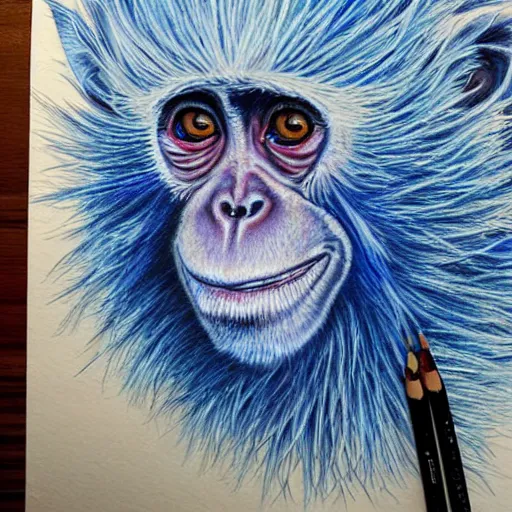 Prompt: Colored pencil art on paper, Blue Frost monkey, highly detailed, artstation, MasterPiece, Award-Winning, Caran d'Ache Luminance