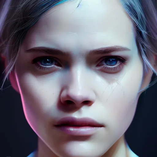 Image similar to portrait of chloe from detroit - become human by artgerm, close up, portrait, cinematic, elegant, artstation, intricate, highly detailed, digital painting, artstation, concept art, sharp focus, illustration, cyberpunk, cgsociety, 8 k