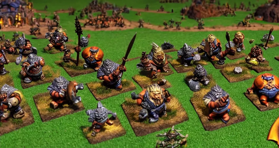 Image similar to Dwarves and giants battling on a vast field over gold and iron