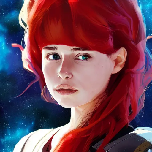 Prompt: highly detailed portrait of a young astronaut emilia clarke with a wavy vibrant red hair, blue eyes, by Dustin Nguyen, Akihiko Yoshida, Greg Tocchini, Greg Rutkowski, Cliff Chiang, 4k resolution, nier:automata inspired, bravely default inspired, space nebula background