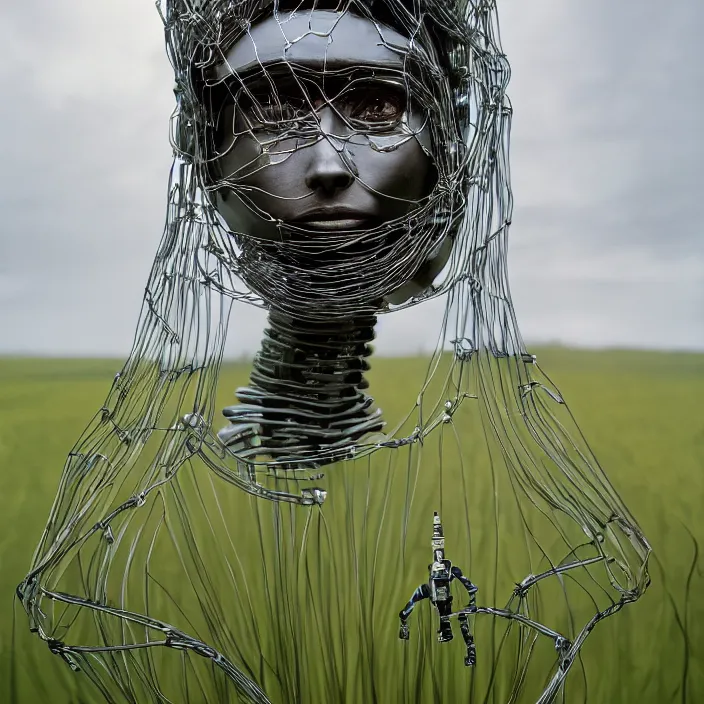 Image similar to closeup portrait of a robot wearing a cloak made of wire and lilies, in an empty field, by Annie Leibovitz and Steve McCurry, natural light, detailed face, CANON Eos C300, ƒ1.8, 35mm, 8K, medium-format print