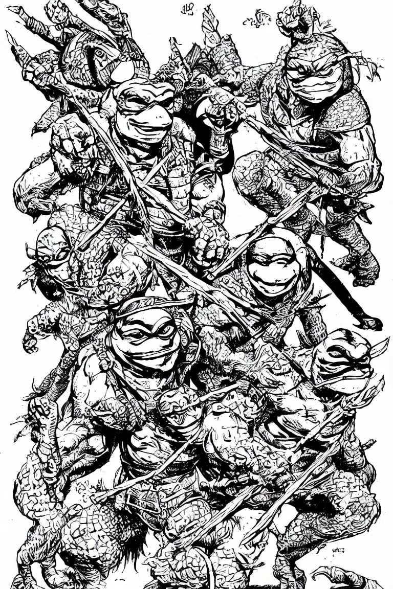 Image similar to Ninja Turtle from the Dungeons and Dragons Monster Manual, line art illustration, 1980s, high detail