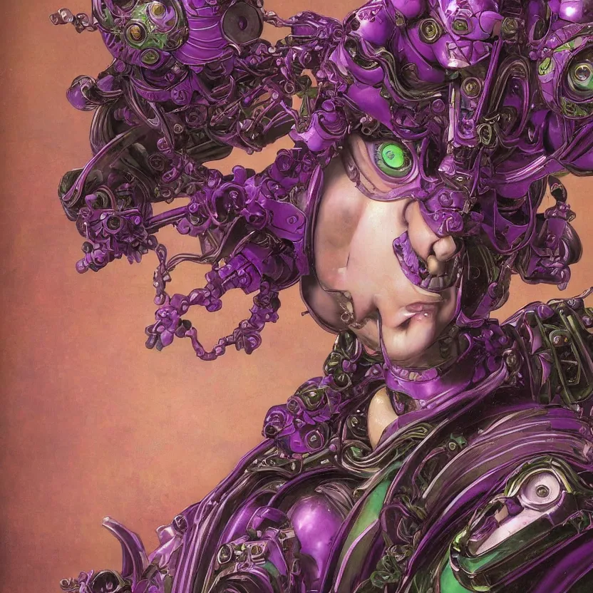 Prompt: a baroque neoclassicist close - up renaissance portrait of a purple and green iridescent whimsical 1 8 0 0 s japanese mech gundam witch. reflective detailed textures. glowing eyes, dark background. highly detailed fantasy science fiction painting by moebius, norman rockwell, frank frazetta, and syd mead. rich colors, high contrast. artstation