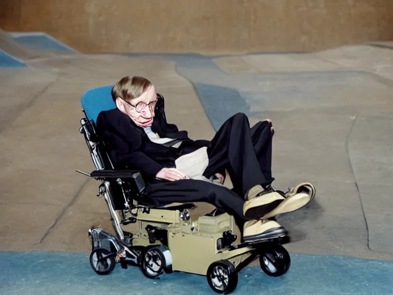 Prompt: a color photo of Stephen hawking in a Skatepark