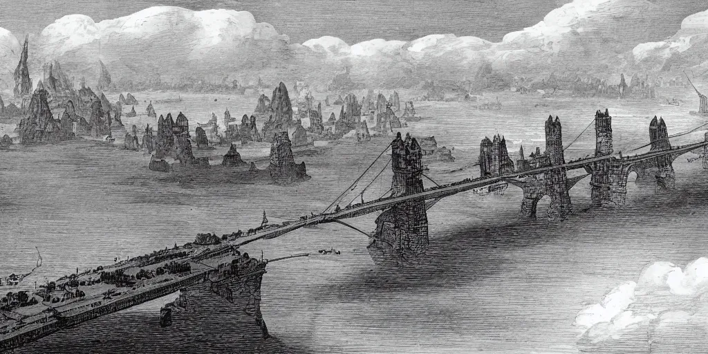 Prompt: illustration, a single giant ancient linear stone city on a single bridge, giant bridge city build over the ocean in a straight line, huge support buttresses, high in the air reaching the clouds, lots of buildings, small ships with sails go underneath, fades to the horizon