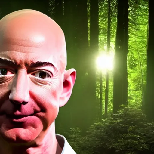 Image similar to jeff bezos skinwalker hunting you in a dark forest with a knife, fully body, realism