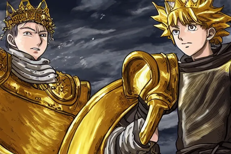 Prompt: an ultra detailed portrait of king richard the lionhearted as a shonen anime protagonist charing into battle wearing bright gold armor and riding a horse bless by god, 8 k, volumetric lighting, art by kentaro miura and akira toriyama