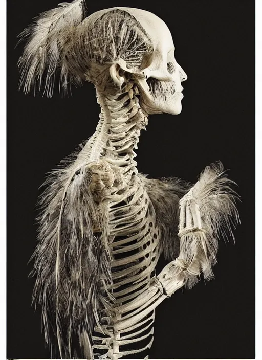 Prompt: a womans face in profile made of feathers skeleton in the style of the dutch masters and gregory crewdson dark and moody