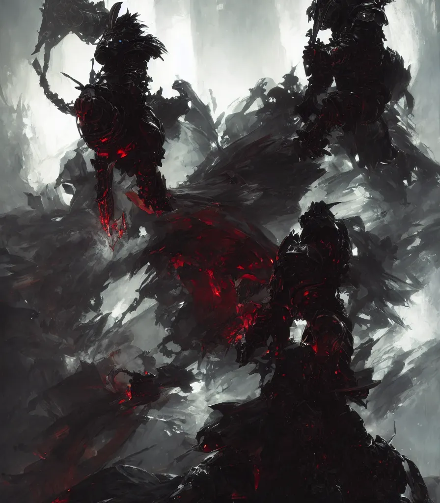 Image similar to a hellish knight paladin, black armor, flowing backlit hair, beautifully designed character, award winning collaborative painting by geg ruthowski, alphonse murac, craig mullins, ruan jia, wlop, yoji shinkawa, collaborative artwork, exquisitely high quality and detailed