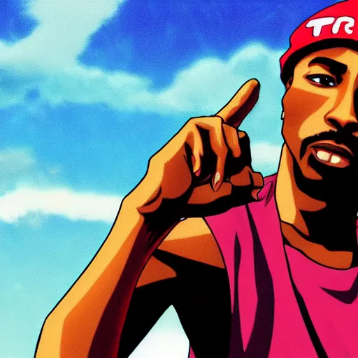 Image similar to Tupac Shakur, screenshot from a 2012s anime