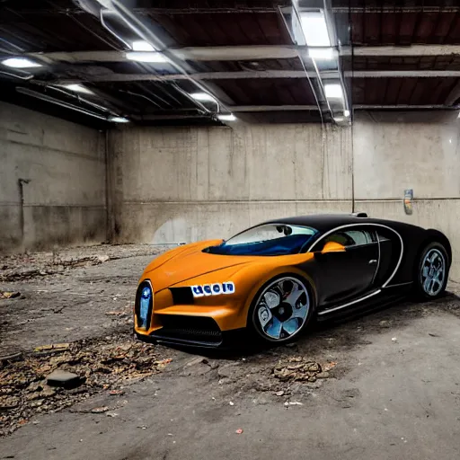 Image similar to an abandoned, derelict, ( really rusty ) bugatti chiron in a dirty warehouse