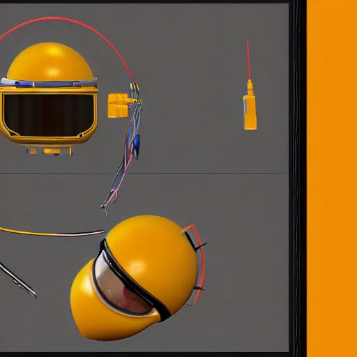 Prompt: photo of hyper detailed boxcutter hard surface modelling rear view of yellow orange and gold astronaut helmet, arstation, cables wires, heart symbols, unreal engine 5