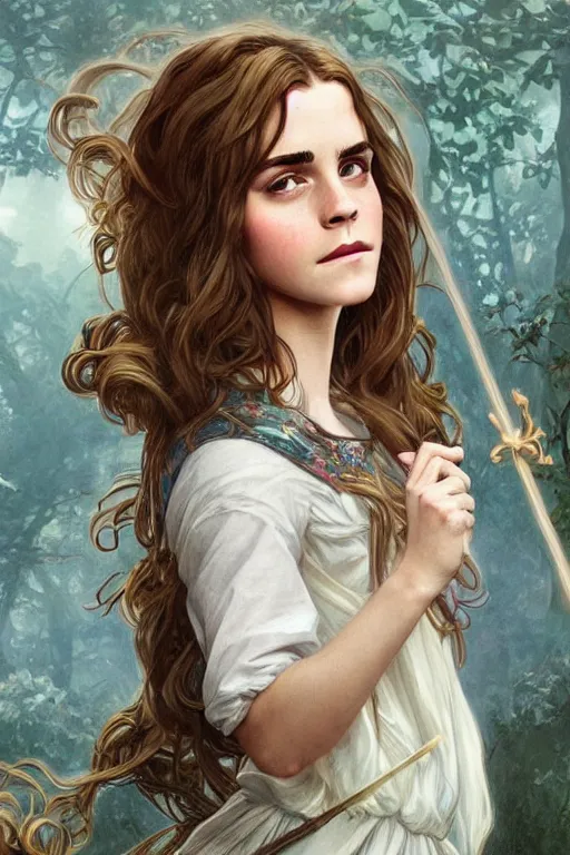 Prompt: beautiful cottagecore emma watson as hermione holding a magic wand, magical Hair, magical forest, intricate, elegant, highly detailed, digital painting, artstation, concept art, smooth, sharp, focus, illustration, art by artgerm and greg rutkowski and alphonse mucha