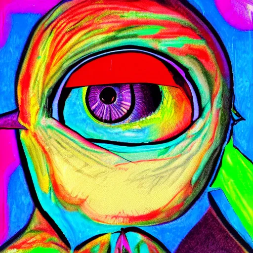 Prompt: front facing bird staring two eyes directly into camera with psychedelic background