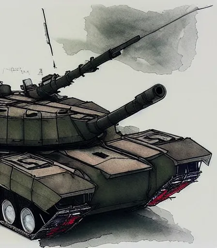 Prompt: Yoji Shinkawa's 'real life M1 Abrams Tank with red lipstick mark', ink and colours on silk, trending on pixiv, action shot, monochrome, watercolour