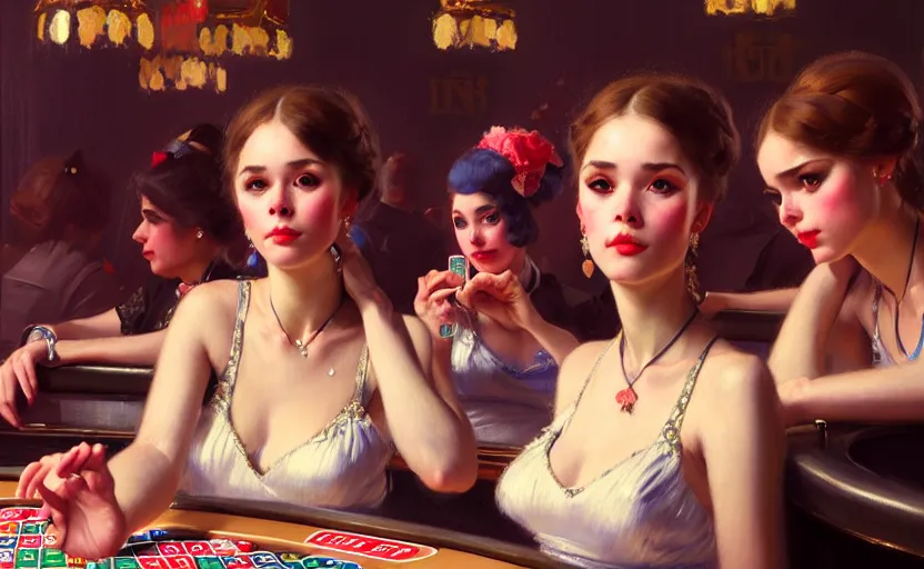 Prompt: portrait of several girls at a casino, highkey, realistic, serov, surikov, vasnetsov, repin, kramskoi, ultra realistic, depth of field insanely detailed, charlie bowater, tom bagshaw, norman rockwell, octane rendered, unreal engine, trending on artstation, 8 k