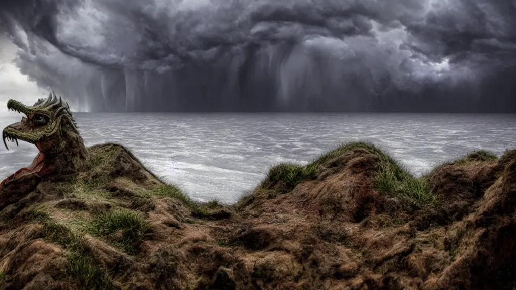 Prompt: falcor close - up, the long bodied luck dragon, looking for atreyu, looking down at the shoreline in a epic thunderstorm. the neverending story. cinematic still matte eighties hdri upscale rutkowski cinema still