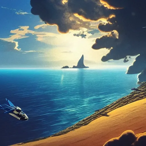 Image similar to beautiful matte painting of golden shores of a blue dreamy ocean, heavenly island in the clouds floating above the ocean, spaceship flying by, sci - fi, daylight, blue sky, cinematic lighting, cinematic perspective, syd mead, john harris, federico pelat