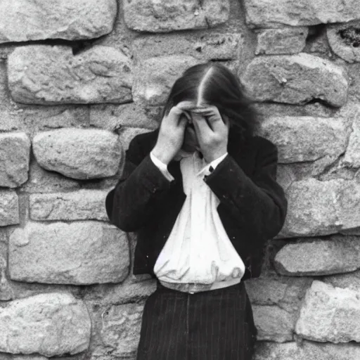 Prompt: Photograph of an utterly terrified young man with long hair on the verge of panic tears cornered against a stone wall. He is wearing a 1930s attire. He looks utterly panicked and distressed.