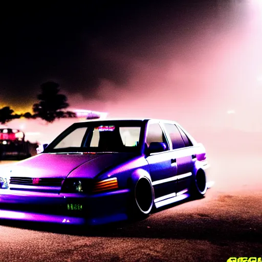 Prompt: a car JZX90 turbo drift at illegal car meet, Chiba prefecture, city midnight mist lights, cinematic color, photorealistic, highly detailed, work wheels, 85MM