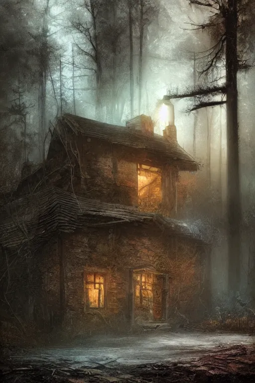 Prompt: an abandoned cottage in the forest at night, intricate, horror, dark volumetric lighting, scenery, digital painting, highly detailed, artstation, sharp focus, illustration, concept art,ruan jia, steve mccurry