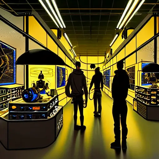 Image similar to inside a robotic shop store in The City of Lisbon at night with a few customers, extreme plus resolution scifi concept art, intricate details to everything visible, sharp lighting, Dramatic light by denis villeneuve, strong emphasis on alphonse mucha, Makoto Shinkai