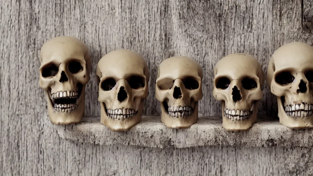 Prompt: Three skulls with vampire fangs sitting on a wooden shelf