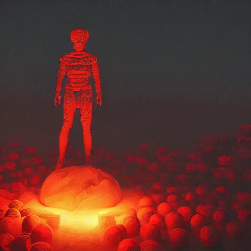 Prompt: beautiful dark landscape, old roman statue in front of a glowing red orb in front of a pile of skulls, in the style of beeple and Mike Winkelmann, intricate, epic lighting, cinematic composition, hyper realistic, 8k resolution,