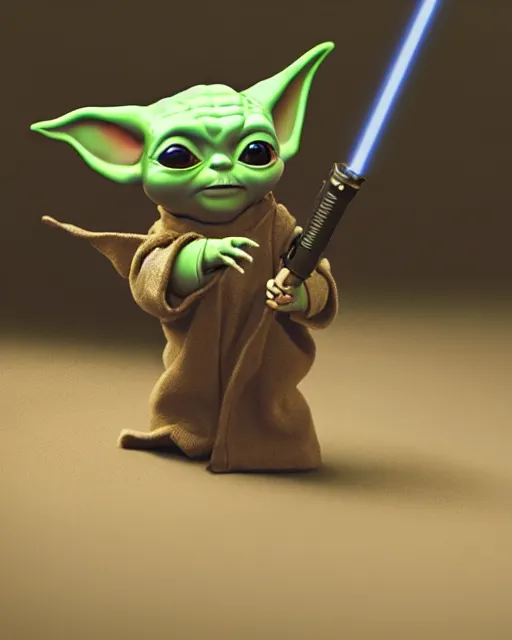 Image similar to baby yoda holding a tiny glowing lightsaber, rides an armored corgi dog, hyperreal, sand people, star wars filmed in the style of cinematographer gilbert taylor